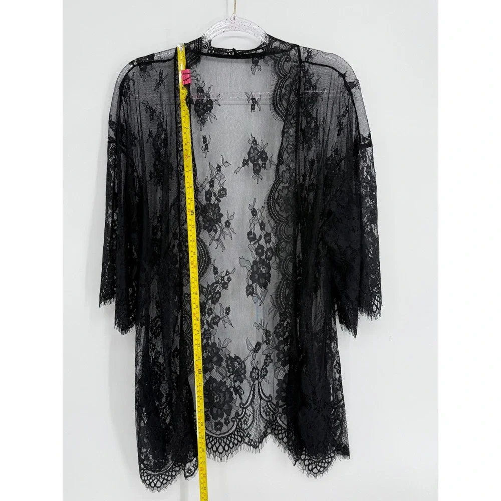 Avidlove Womens Black Floral Lace Sheer Kimono Robe Cover Up Eyelash Trim Sz M - Picture 2 of 9